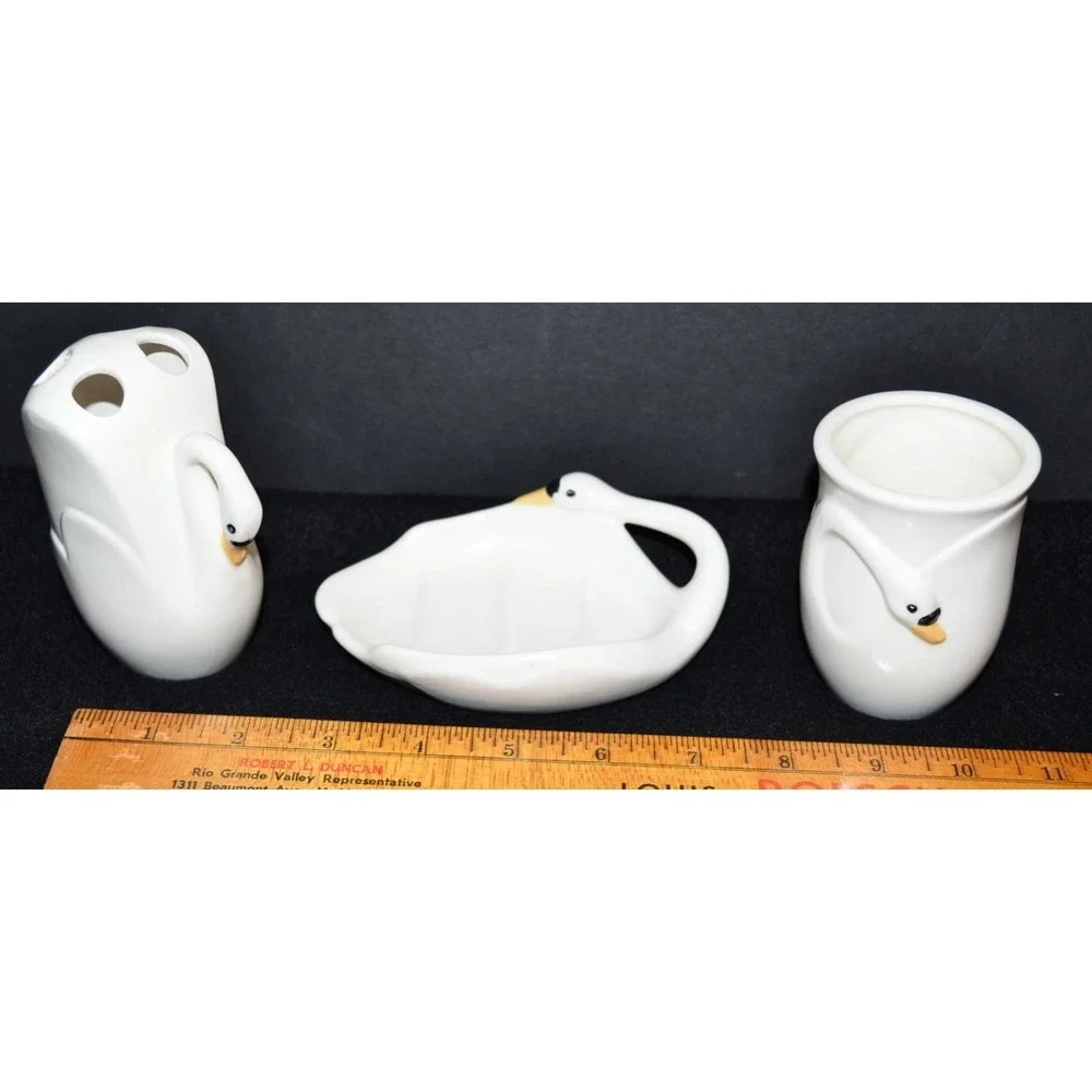 Vtg MCM Art Nouveau White Porcelain Swan Vanity Set Soap Dish Toothbrush Cup